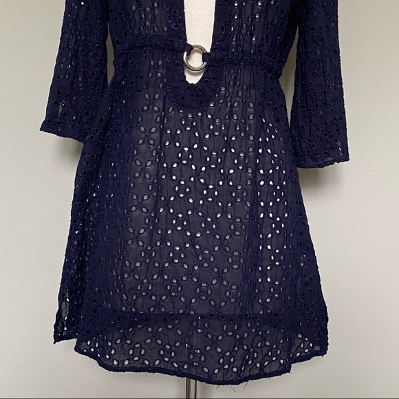 Echo Navy Eyelet Swim/Beach Cover-up Tunic, Silver O-Ring Plunge Neck, Medium - Picture 4 of 16